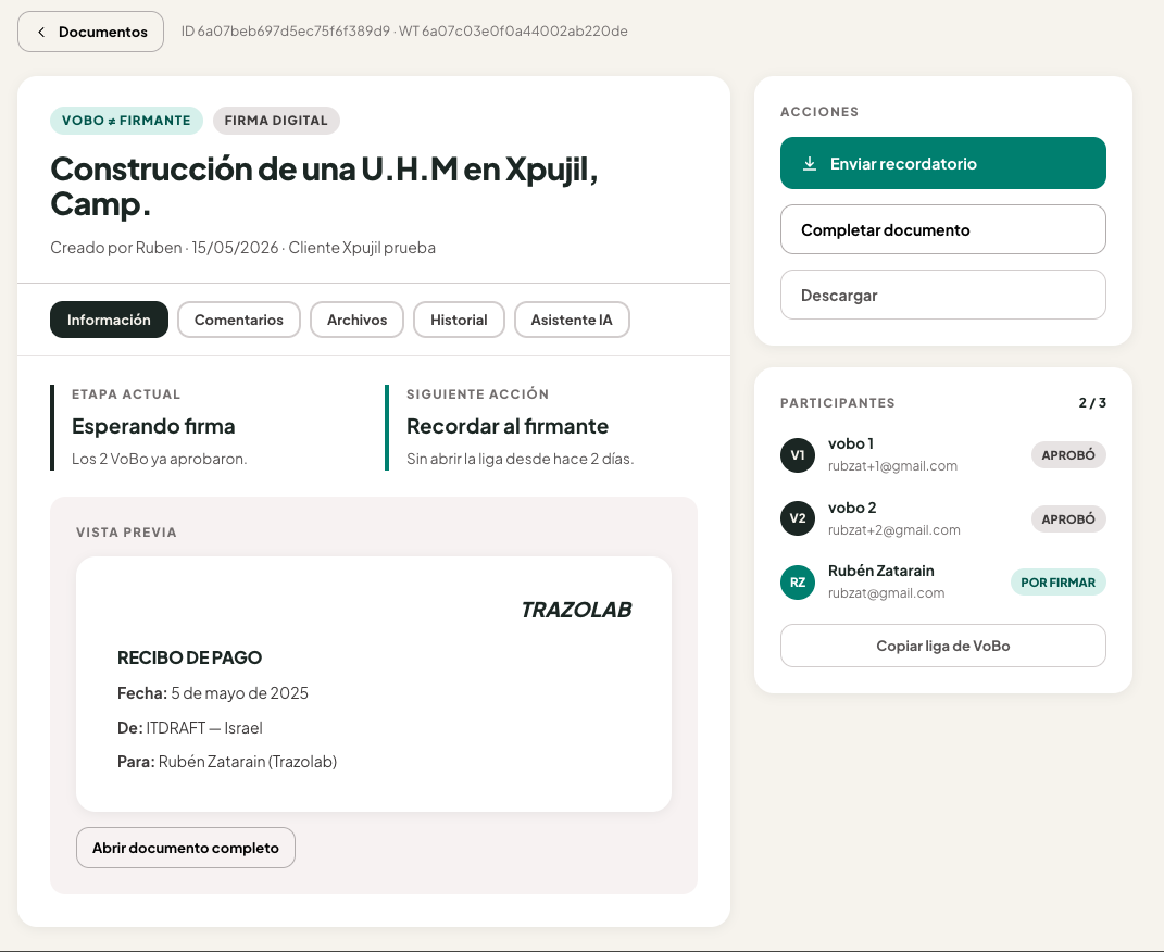 Detalle de un documento con su historial y etapa actual