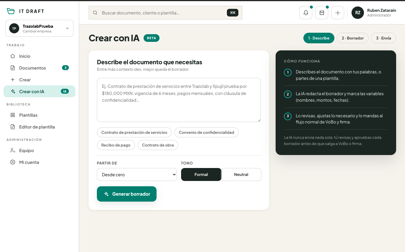 Pantalla de redacción asistida por IA