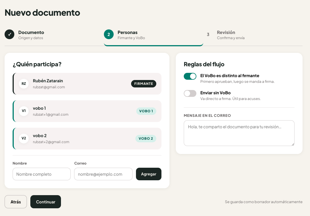 Pantalla para definir firmantes y responsables de Vo.Bo.